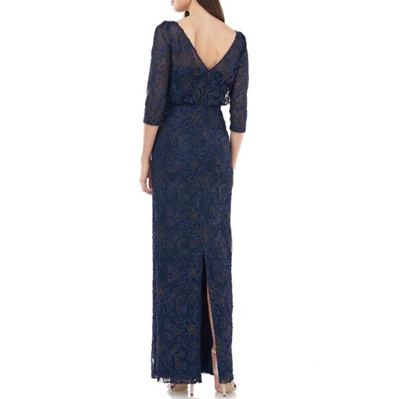 JS Collections Metallic Soutache Blouson Mesh Gown in Navy Gold, Size 10 - Picture 5 of 11